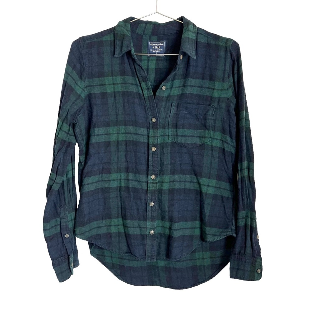 Abercrombie & Fitch Navy Blue Forest Green Plaid Flannel Button Down Shirt Small